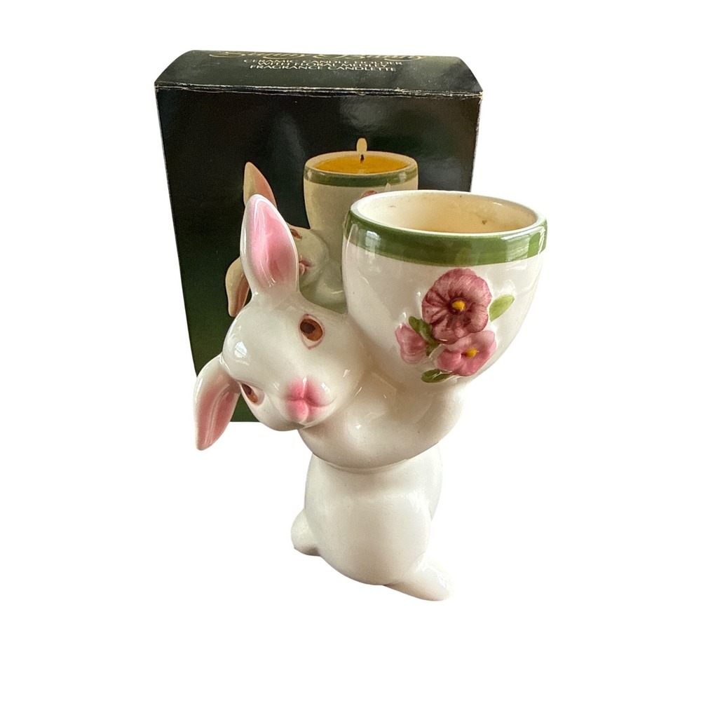 Vintage Avon Sunny Bunny Ceramic Candle Holder Floral Medley Brazil Boxed 1981